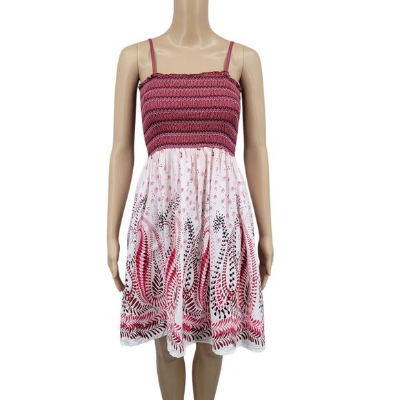 Magic Y2K Pink and White Patterned Women's Dress Smocked Bodice Cotton - Picture 1 of 12